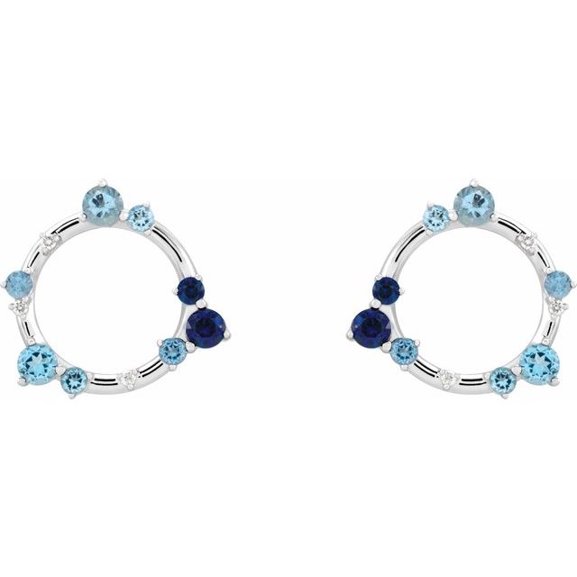 14K White Natural Blue Multi-Gemstone & .03 CTW Natural Diamond Circle Earrings