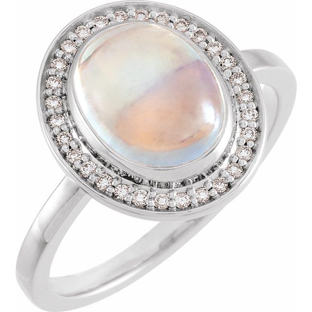 Sterling Silver Natural Rainbow Moonstone & 1/8 CTW Natural Diamond Halo-Style Ring 
