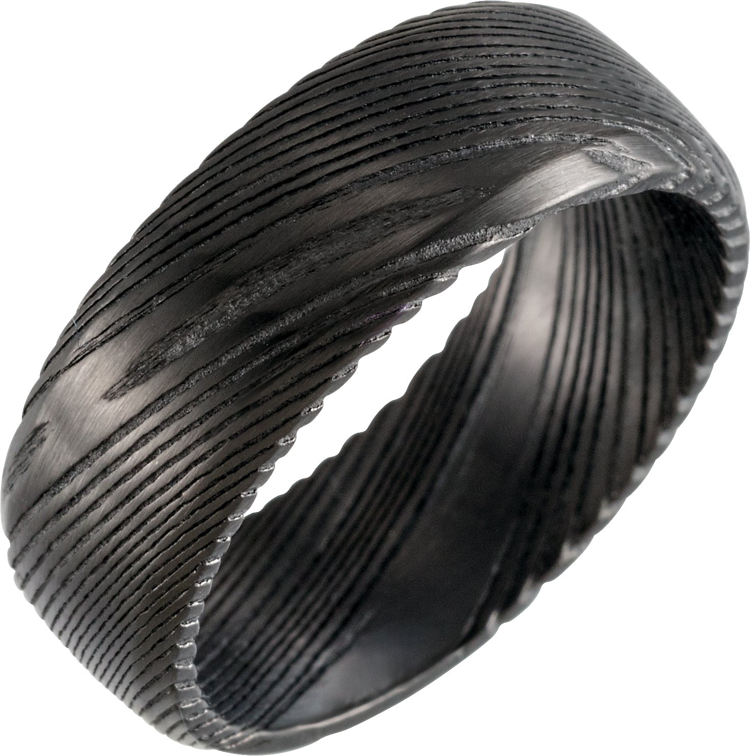 Black Damascus Steel 8 mm Beveled Patterned Band Size 10.5