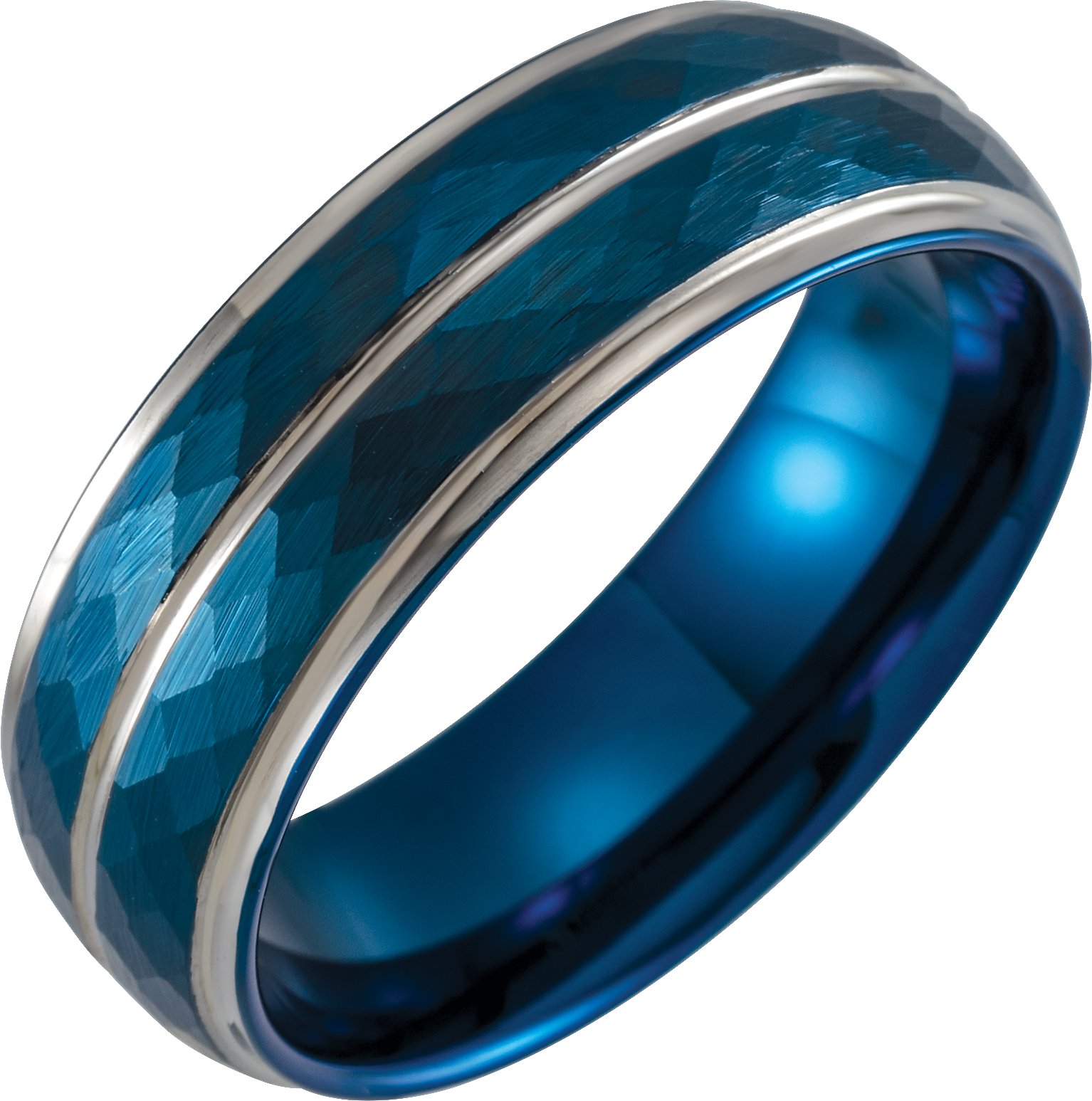 Blue PVD Tungsten 8 mm Flat Stepped Grooved Band Size 10
