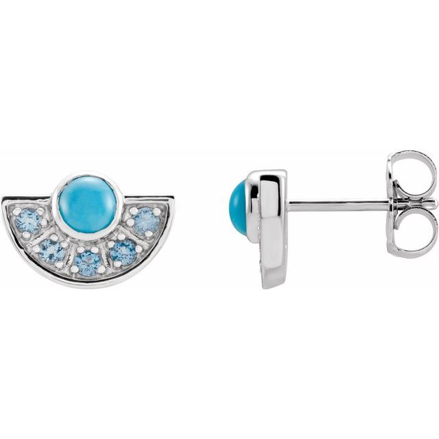 Platinum Natural Turquoise & Natural Aquamarine Fan Earrings