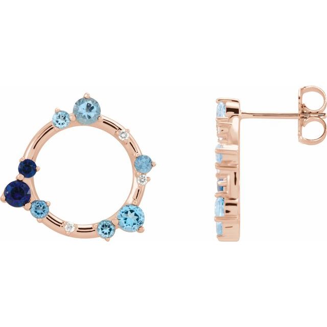14K Rose Natural Blue Multi-Gemstone & .03 CTW Natural Diamond Circle Earrings