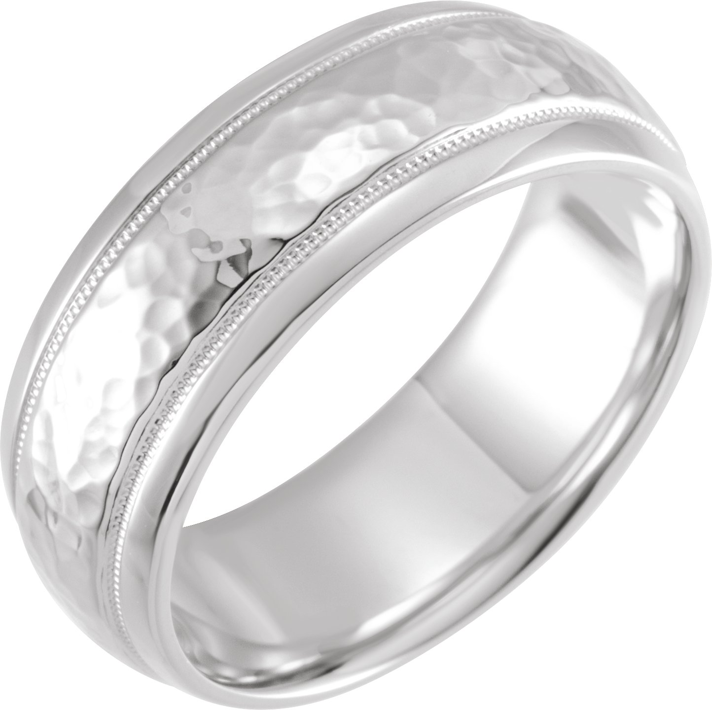 14K White 8 mm Half Round Band with Hammered Texture & Milgrain Size 9.5