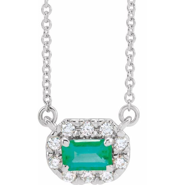 14K White 5x3 mm Lab-Grown Emerald & 1/8 CTW Natural Diamond Halo-Style 18