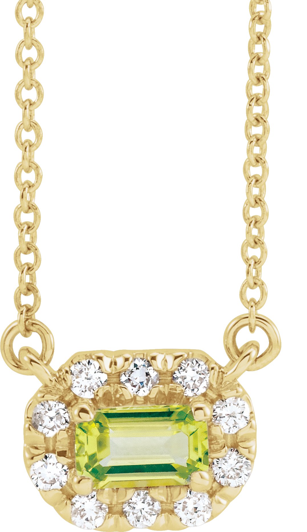 14K Yellow 5x3 mm Natural Peridot & 1/8 CTW Natural Diamond Halo-Style 18" Necklace