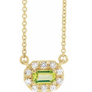 14K Yellow 5x3 mm Natural Peridot & 1/8 CTW Natural Diamond Halo-Style 18" Necklace