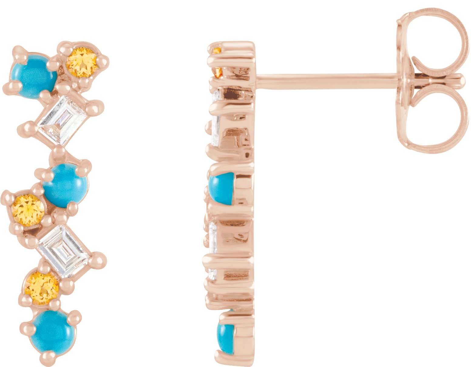 14K Rose Natural Turquoise, Natural Honey Topaz & 1/10 CTW Natural Diamond Scattered Bar Earrings