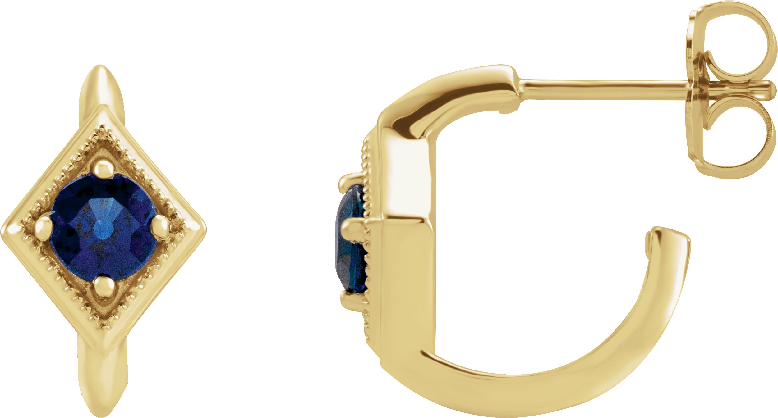 14K Yellow Natural Blue Sapphire Geometric Hoop Earrings