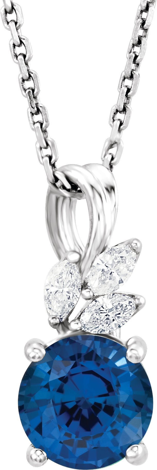 14K White Lab-Grown Blue Sapphire & 1/10 CTW Diamond 16-18" Necklace 