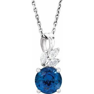14K White Lab-Grown Blue Sapphire & 1/10 CTW Diamond 16-18" Necklace 