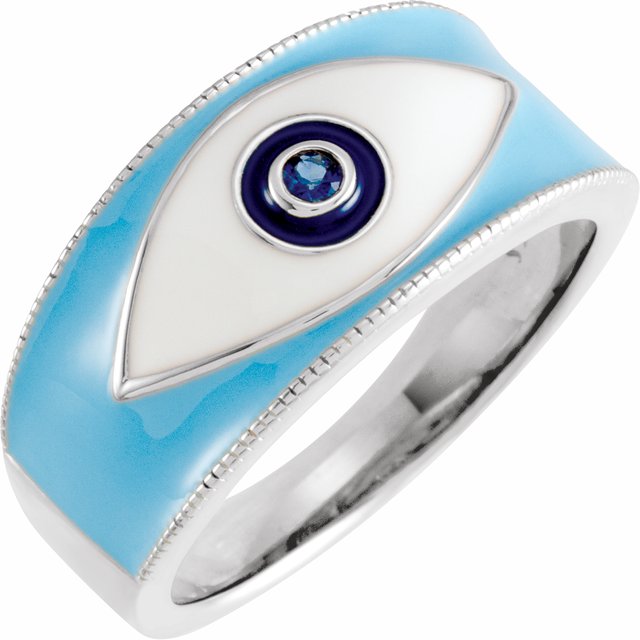 14K White Natural Blue Sapphire Evil Eye Ring