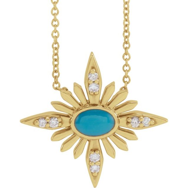 14K Yellow Natural Turquoise & .08 CTW Natural Diamond Celestial 16-18 Necklace