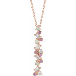 14K Rose Natural Ethiopian Opals, Natural Pink Sapphires & 1/8 CTW Natural Diamond Scattered Bar 16-18" Necklace 