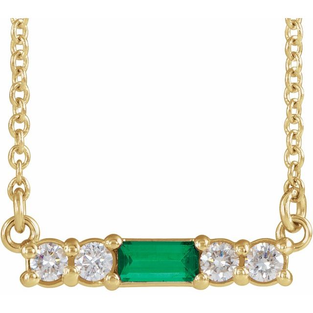 14K Yellow Natural Emerald & 1/8 CTW Natural Diamond 18" Necklace