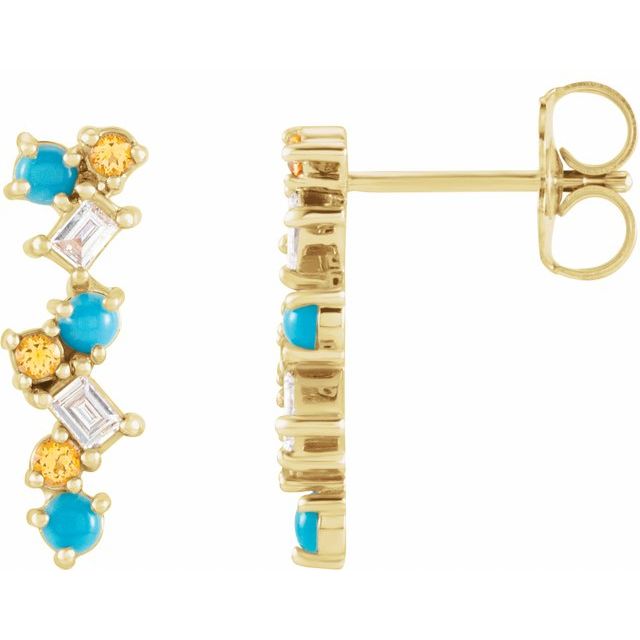 14K Yellow Natural Turquoise, Natural Honey Topaz & 1/10 CTW Natural Diamond Scattered Bar Earrings