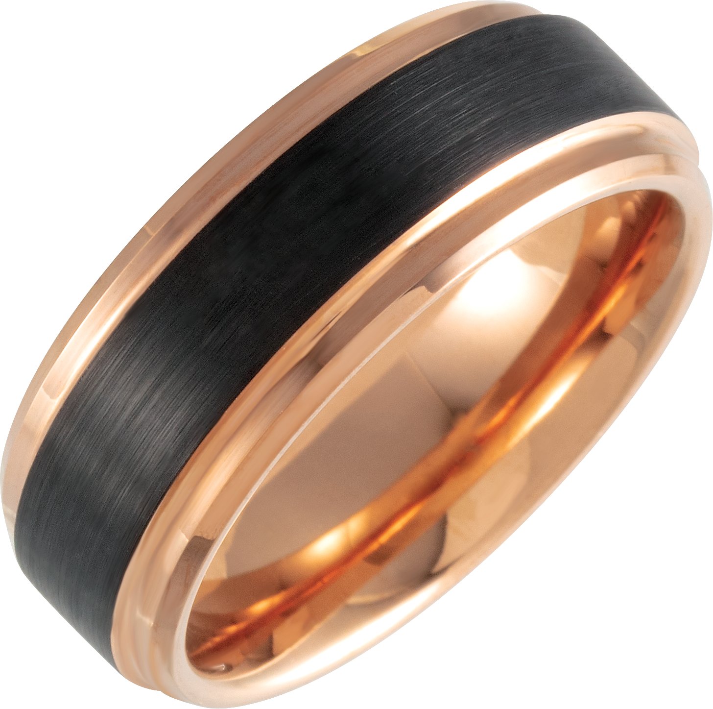 18K Rose Gold PVD & Black PVD Tungsten Beveled Stepped Edge Satin Band Size 10 