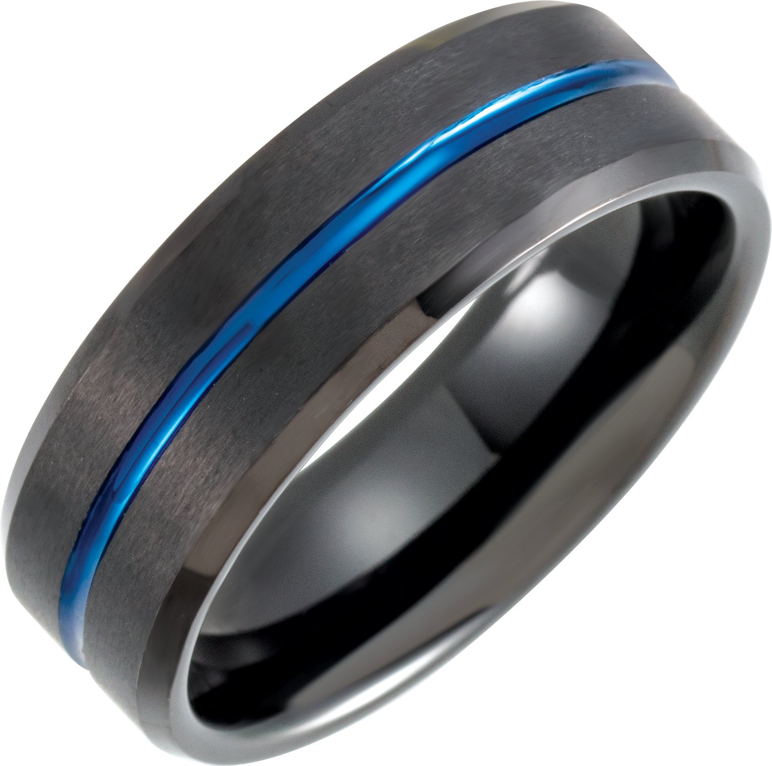 Black & Blue PVD Tungsten 8 mm Beveled Grooved Band Size 11