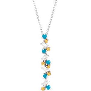 Sterling Silver Honey Passion Topaz, Turquoise & 1/8 CTW Diamond Scattered Bar 16-18" Necklace 