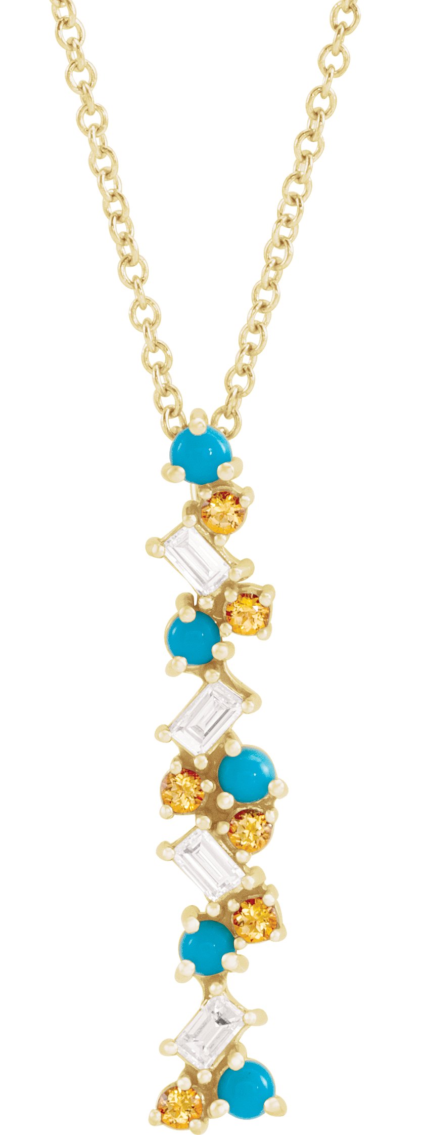 14K Yellow Natural Honey Passion Topaz, Natural Turquoise & 1/8 CTW Natural Diamond Scattered Bar 16-18" Necklace 