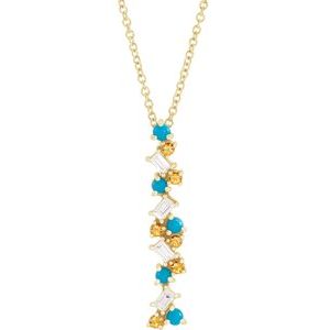 14K Yellow Natural Honey Passion Topaz, Natural Turquoise & 1/8 CTW Natural Diamond Scattered Bar 16-18" Necklace 