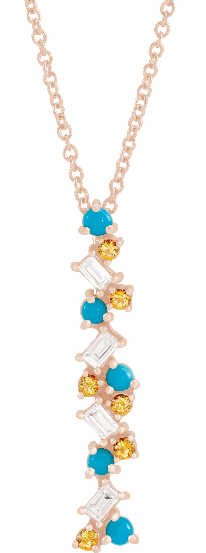 14K Rose Honey Passion Topaz, Turquoise & 1/8 CTW Diamond Scattered Bar 16-18" Necklace 