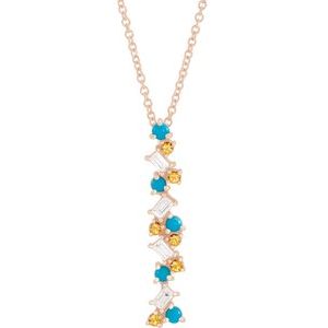 14K Rose Honey Passion Topaz, Turquoise & 1/8 CTW Diamond Scattered Bar 16-18" Necklace 