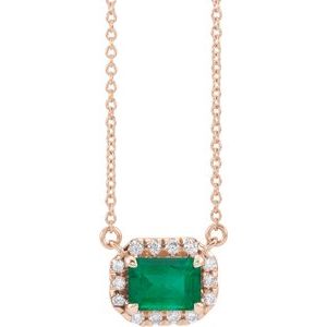 14K Rose 6x4 mm Emerald Lab-Grown Emerald & 1/5 CTW Diamond 18" Necklace