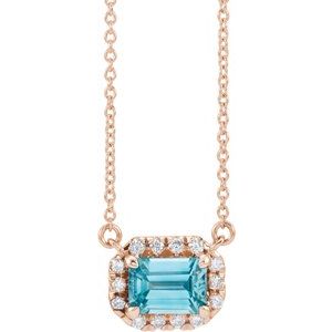 14K Rose 5x3 mm Emerald Blue Zircon & 1/8 CTW Diamond 16" Necklace