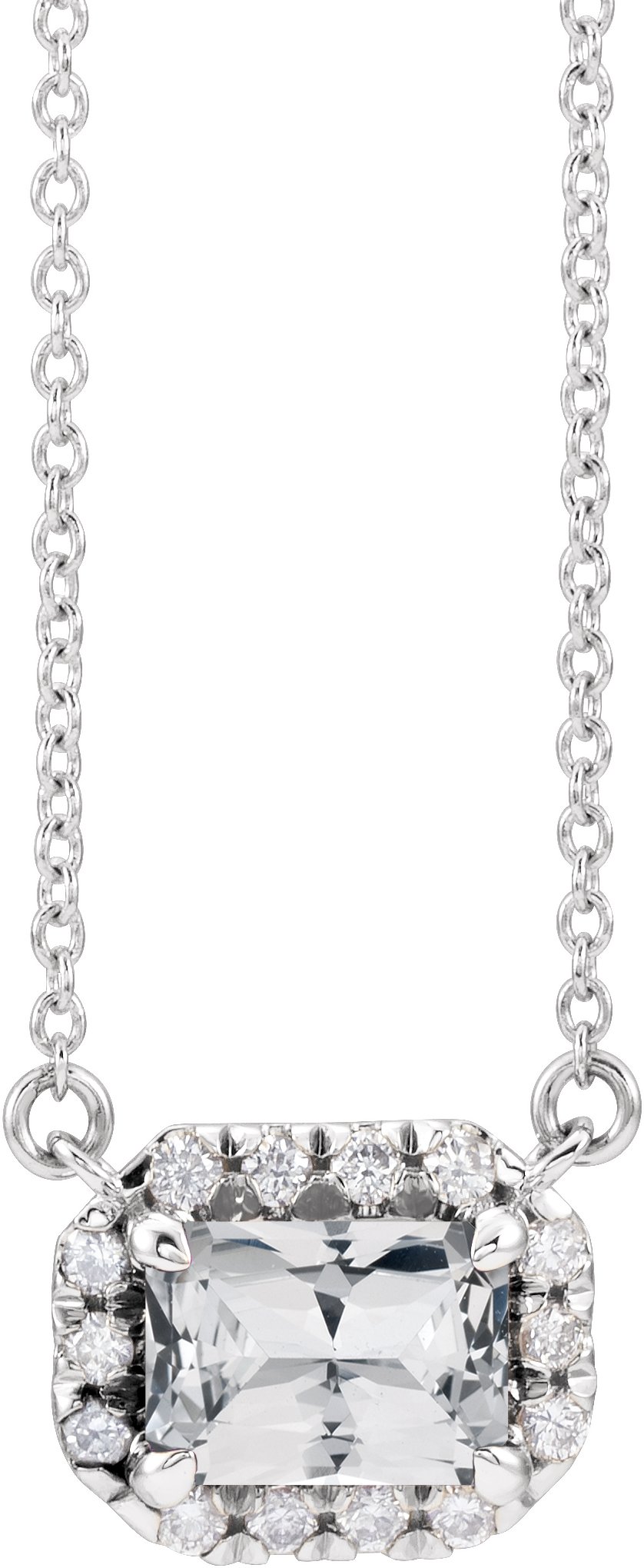Platinum 5x3 mm Natural White Sapphire & 1/8 CTW Natural Diamond Halo-Style 18" Necklace