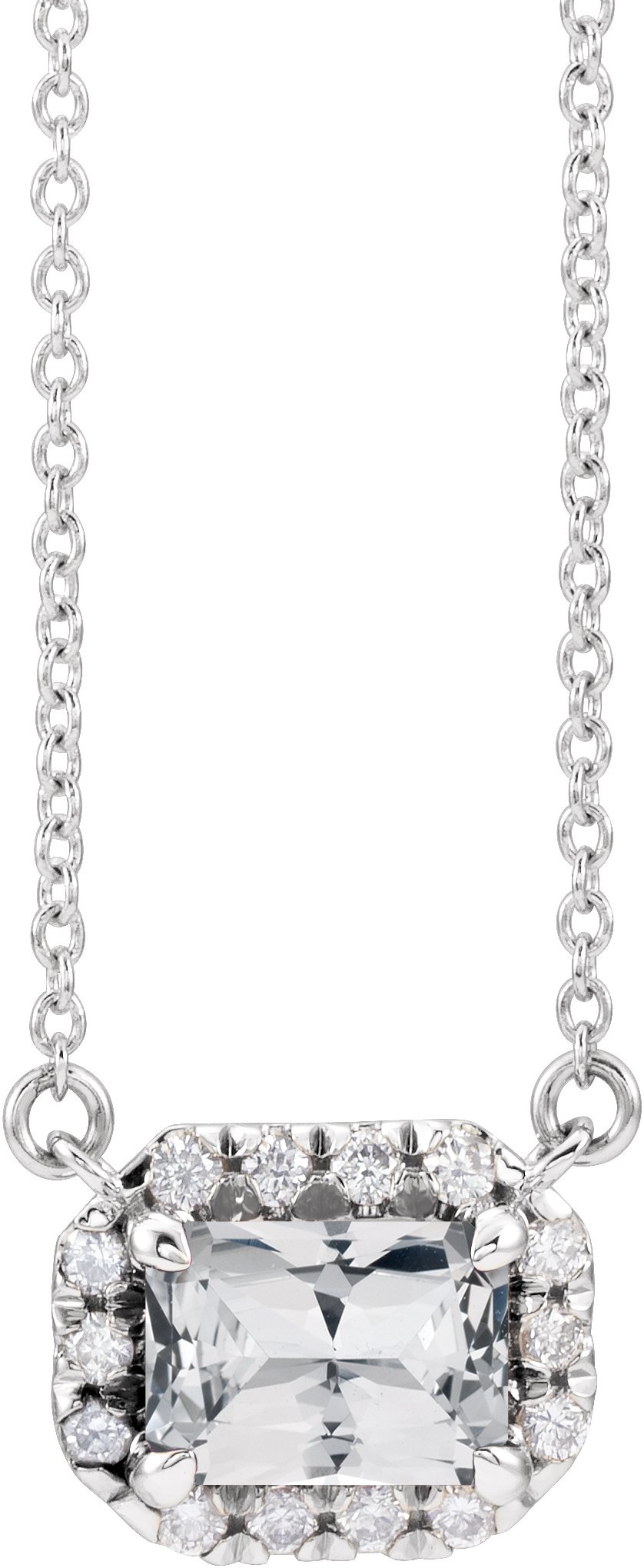 14K White 5x3 mm Natural White Sapphire & 1/8 CTW Natural Diamond Halo-Style 18" Necklace