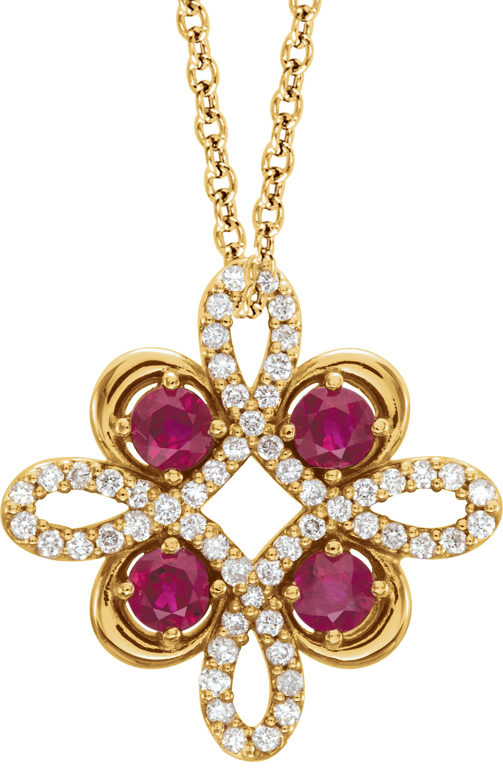 14K Yellow Lab-Grown Ruby & 1/6 CTW Diamond Clover 18" Necklace         