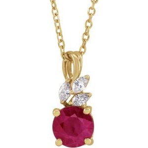 14K Yellow Lab-Grown Ruby & 1/10 CTW Natural Diamond 16-18" Necklace