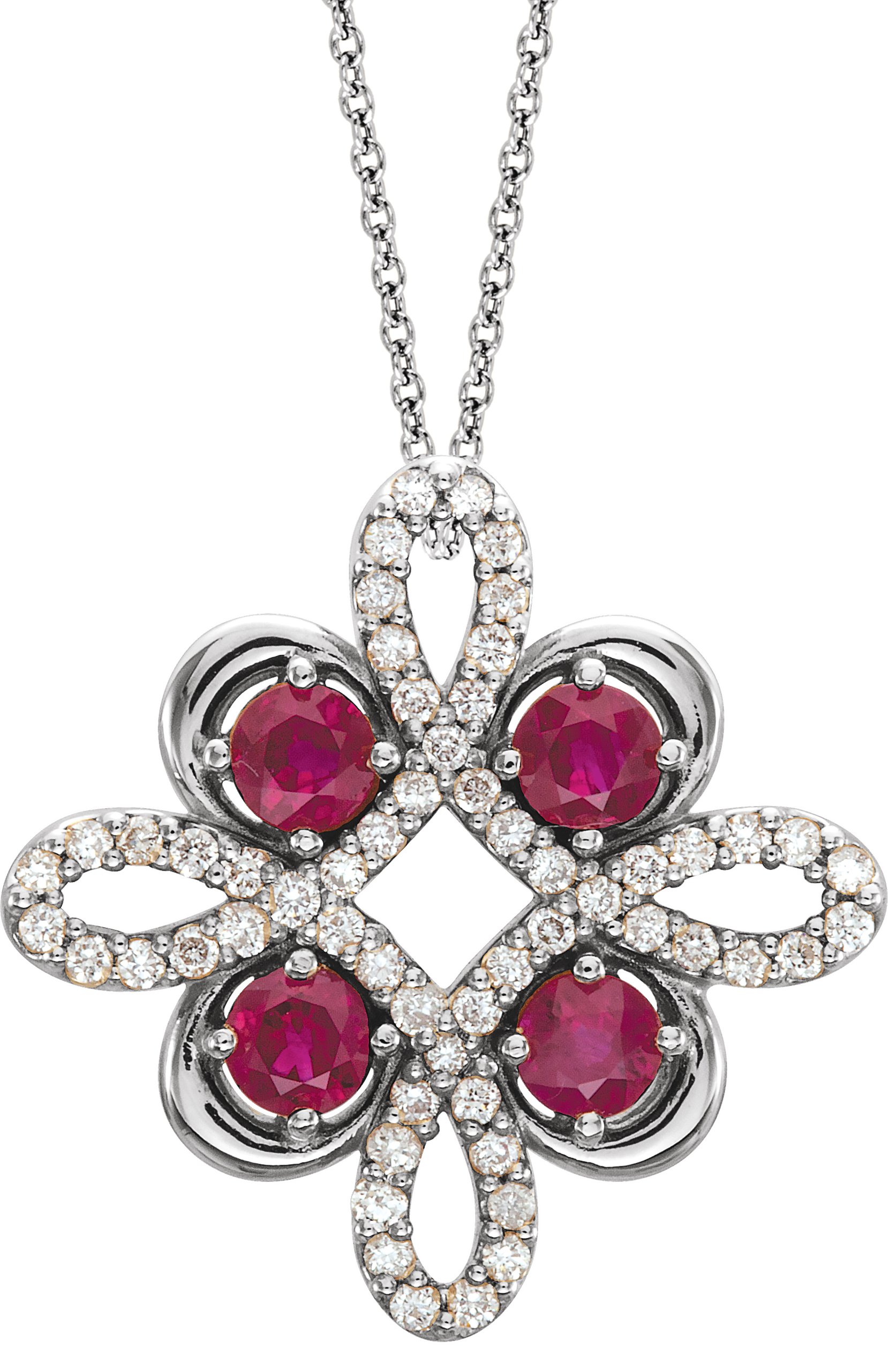 14K White Chatham Created Ruby and .17 CTW Diamond Clover 18 inch Necklace Ref 14176218