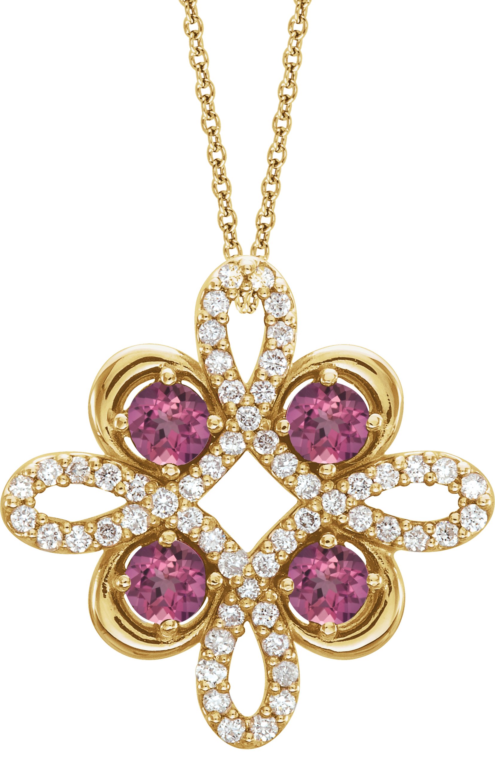 14K Yellow Pink Tourmaline and .17 CTW Diamond Clover 18 inch Necklace Ref 14176235