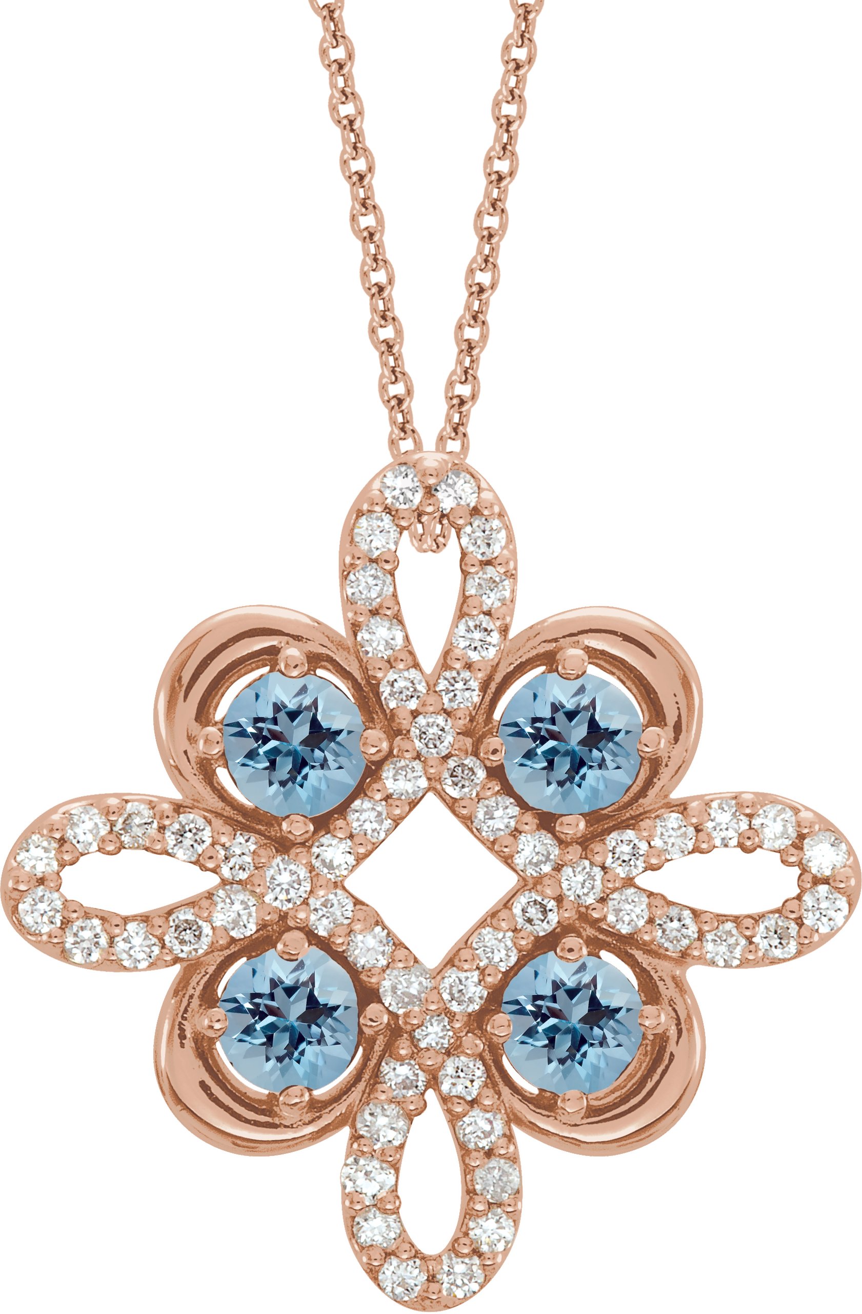 14K Rose Aquamarine and .17 CTW Diamond Clover 18 inch Necklace Ref 14176196