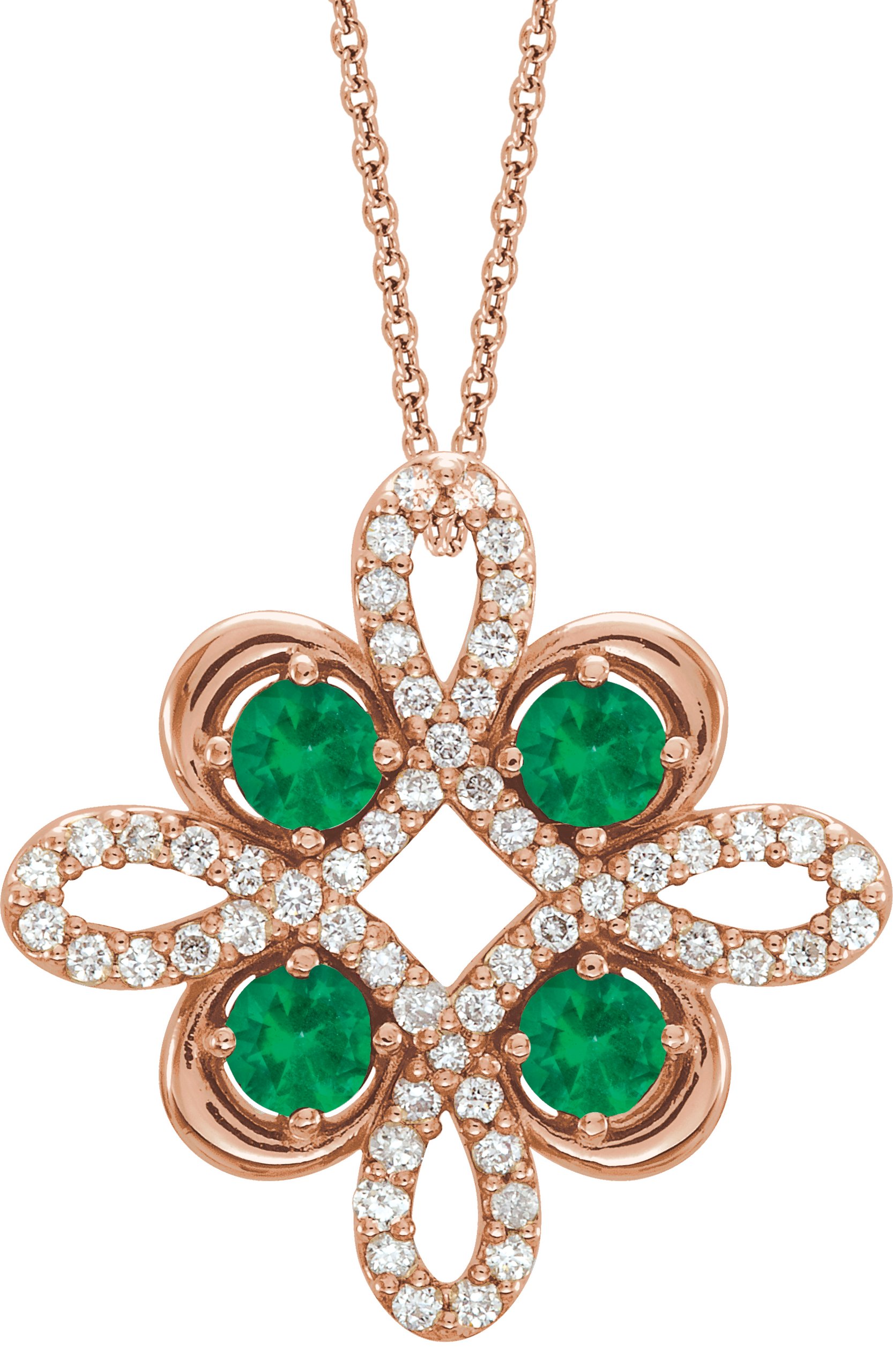 14K Rose Chatham Created Emerald and .17 CTW Diamond Clover 18 inch Necklace Ref 14176208