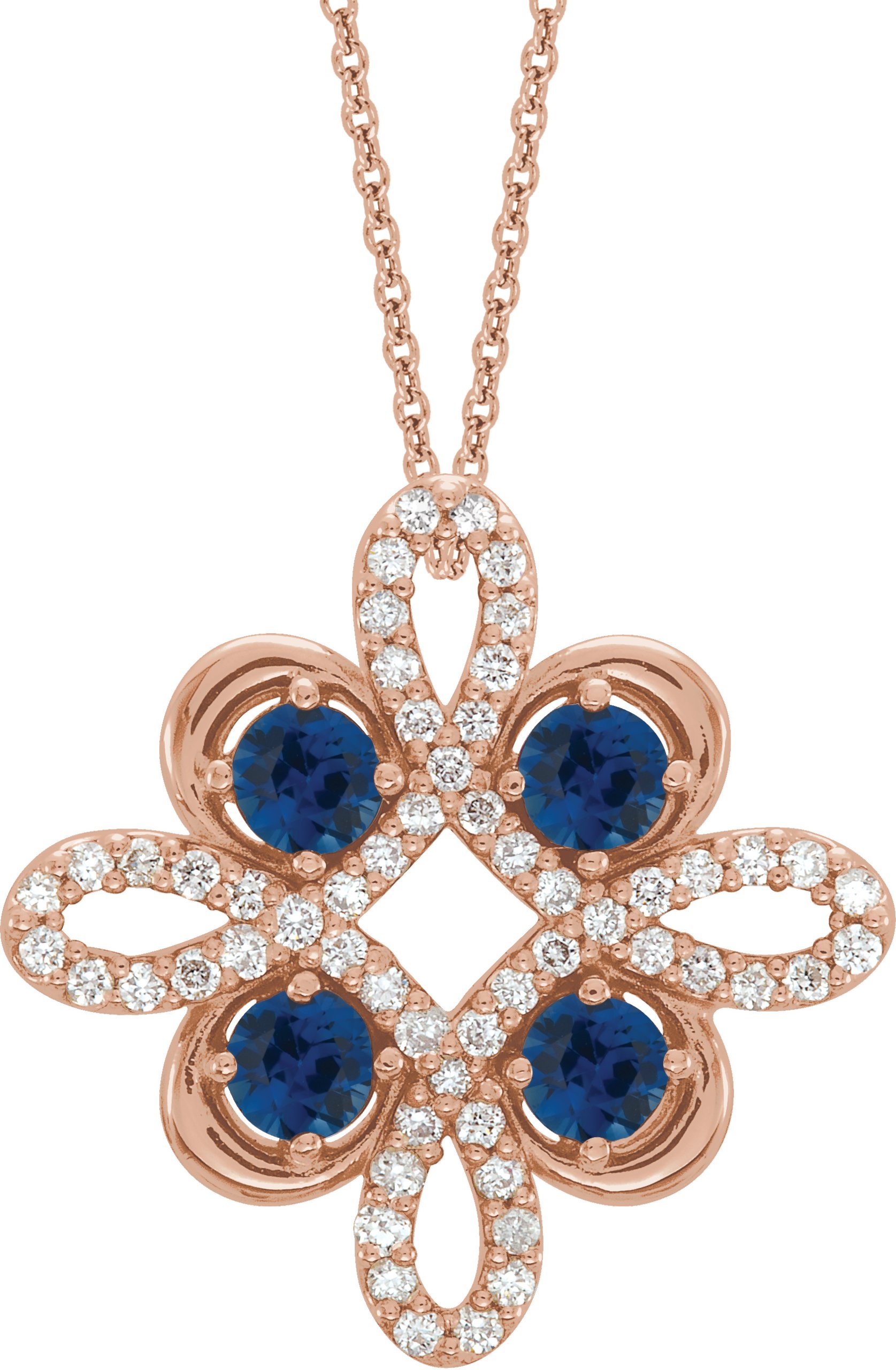 14K Rose Chatham Created Blue Sapphire and .17 CTW Diamond Clover 18 inch Necklace Ref 14176232