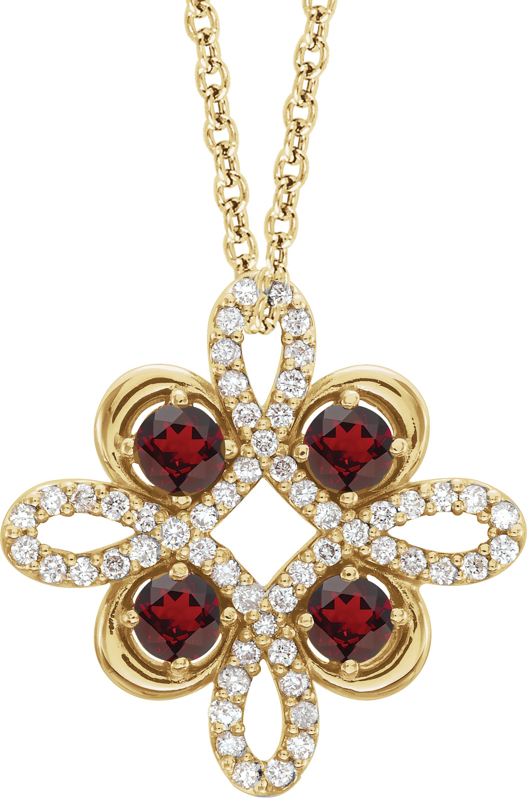 14K Yellow Mozambique Garnet and .17 CTW Diamond Clover 18 inch Necklace Ref 14176187