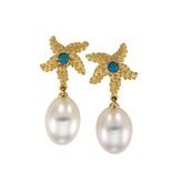 18K Yellow Turquoise & South Sea Cultured Drop Pearl Starfish Earrings 