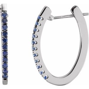 14K White 20 mm Natural Blue Sapphire Hoop Earrings 