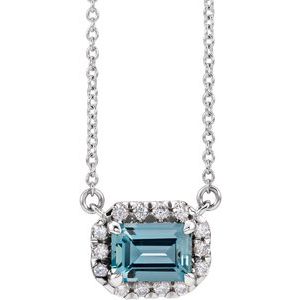 14K White 5x3 mm Natural Aquamarine & 1/8 CTW Natural Diamond Halo-Style 18" Necklace