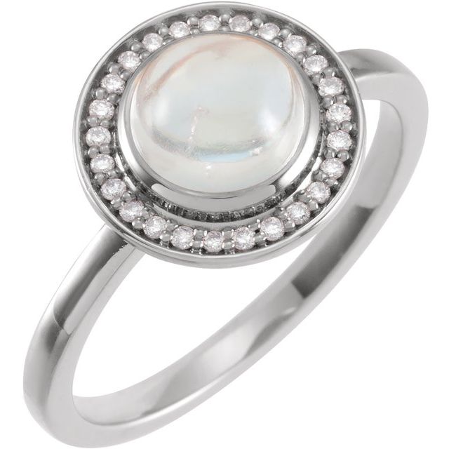 14K White Natural Rainbow Moonstone & 1/10 CTW Natural Diamond Halo-Style Ring