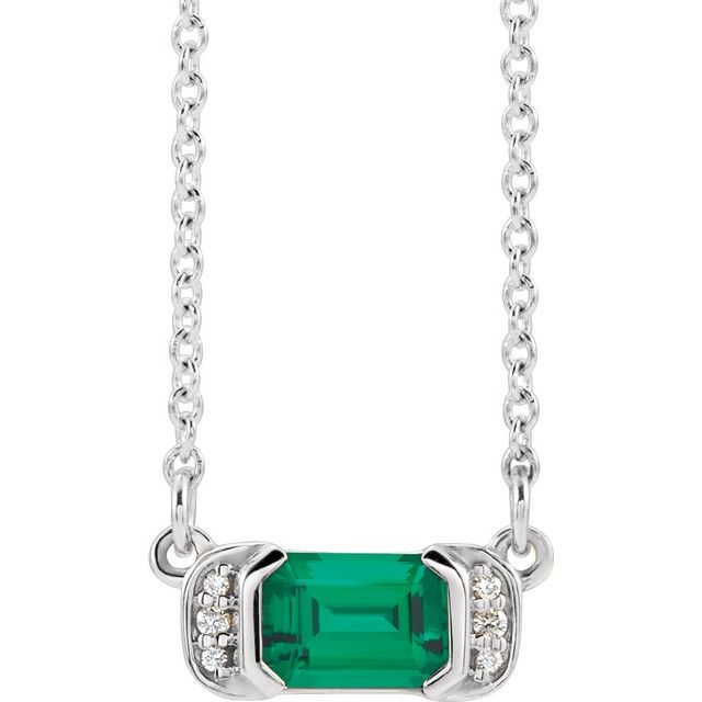14K White Natural Emerald & .02 CTW Natural Diamond Bar 16
