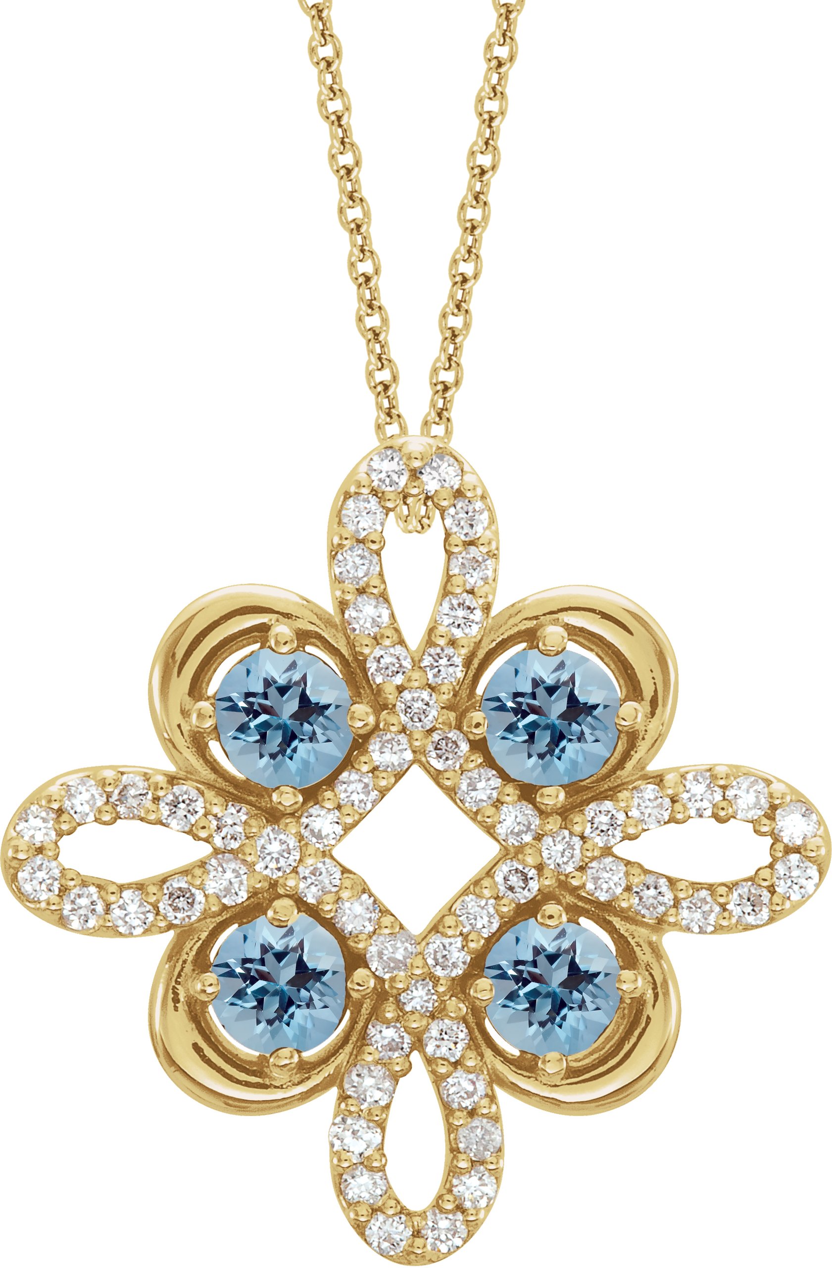14K Yellow Aquamarine and .17 CTW Diamond Clover 18 inch Necklace Ref 14176195