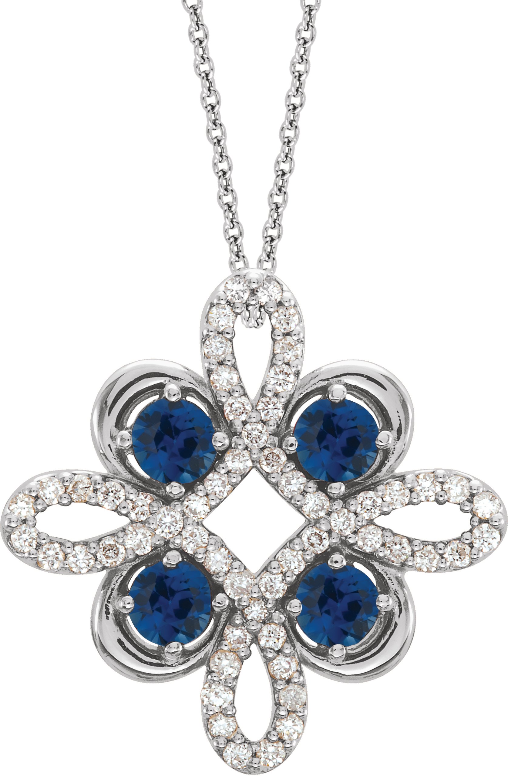 14K White Chatham Created Blue Sapphire and .17 CTW Diamond Clover 18 inch Necklace Ref 14176230