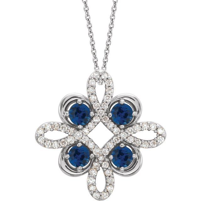 14K White Natural Blue Sapphire & 1/6 CTW Natural Diamond Clover 18