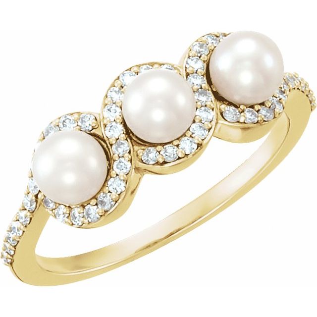 14K Yellow Cultured White Freshwater Pearl & 1/5 CTW Natural Diamond Halo-Style Ring
