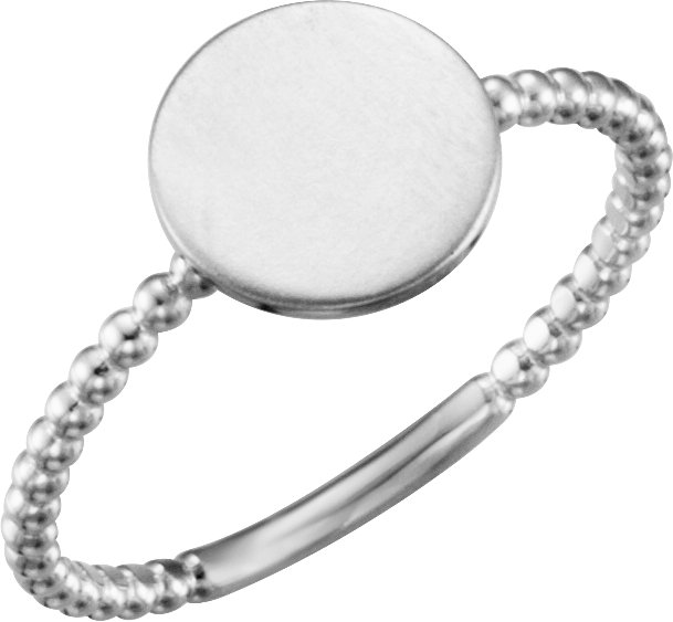 14K White Round Engravable Beaded Ring 