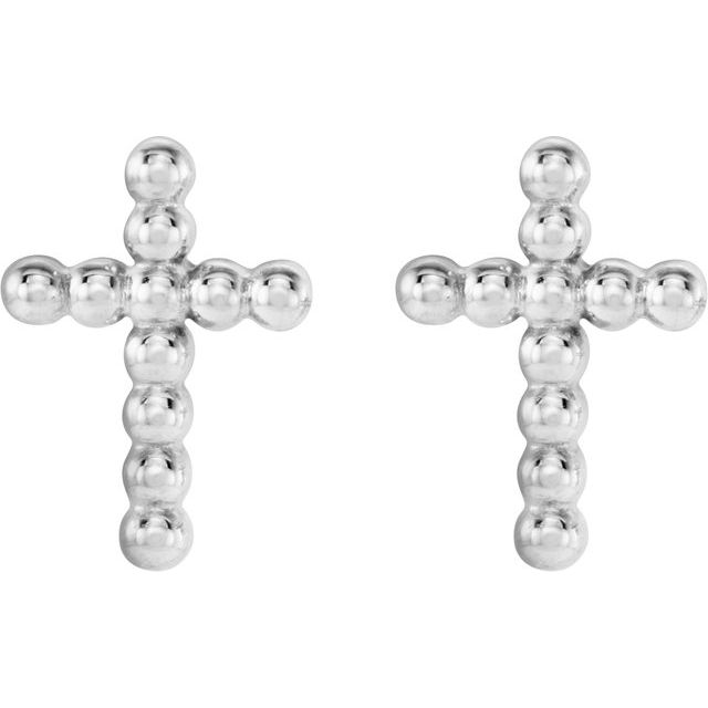 14K White Beaded Cross Earrings