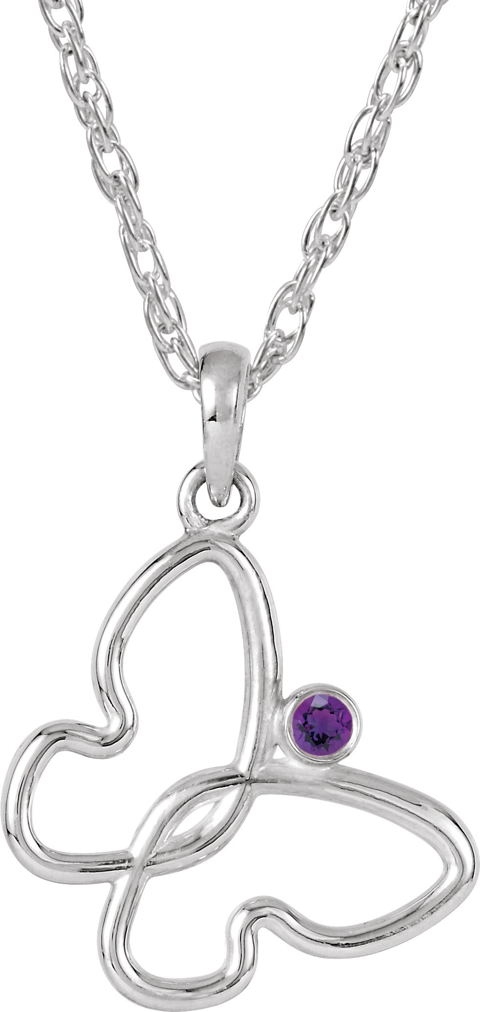 Sterling Silver 2 mm Natural Amethyst Butterfly 18" Necklace